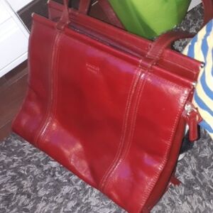 Red Leather Laptop Tote with Double Handles
